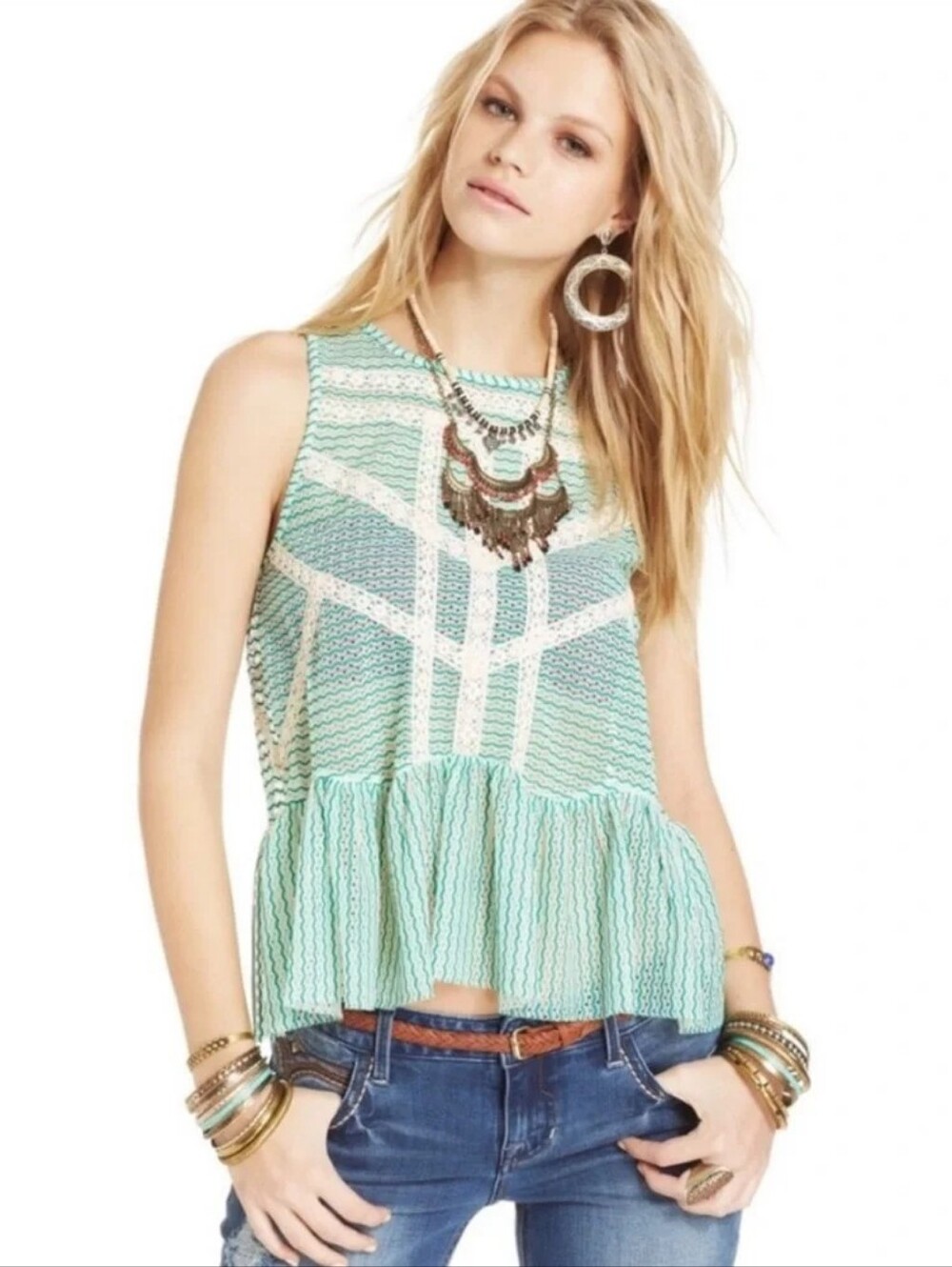Free People | Green & Ivory Lace Peplum Top